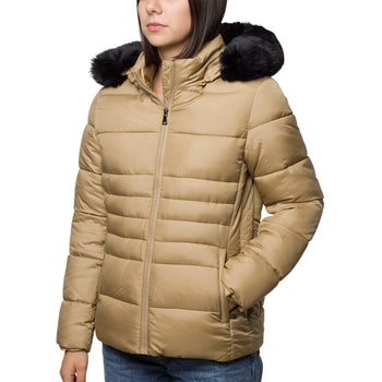 Piumino beige da donna con cappuccio con pelliccia sintetica Lora Ferres, Abbigliamento Donna, SKU j613000153, Immagine 0